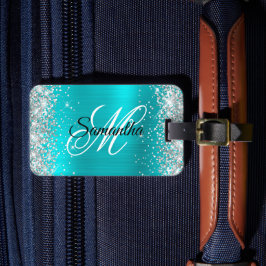 Zilveren Glitter Turquoise Blauwe Folie Fancy Mono Bagagelabel