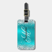 Zilveren Glitter Turquoise Blauwe Folie Fancy Mono Bagagelabel (Voorkant verticaal)