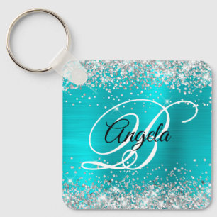 Zilveren Glitter Turquoise Blauwe Folie Fancy Mono Sleutelhanger