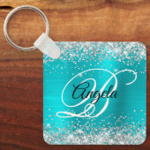 Zilveren Glitter Turquoise Blauwe Folie Fancy Mono Sleutelhanger (Voorkant)