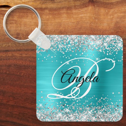 Zilveren Glitter Turquoise Blauwe Folie Fancy Mono Sleutelhanger (Voorkant)