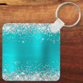 Zilveren Glitter Turquoise Blauwe Folie Fancy Mono Sleutelhanger (Achterkant)