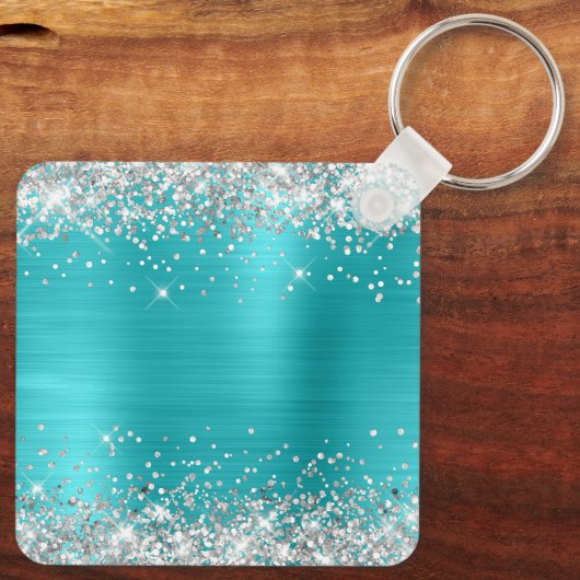 Zilveren Glitter Turquoise Blauwe Folie Fancy Mono Sleutelhanger (Achterkant)