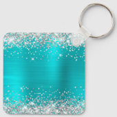 Zilveren Glitter Turquoise Blauwe Folie Fancy Mono Sleutelhanger (Achterkant)