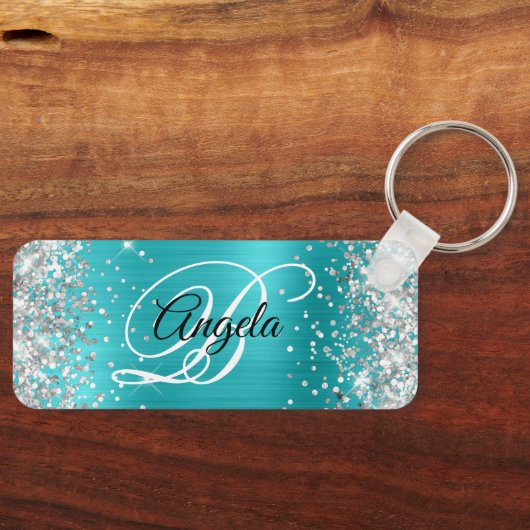 Zilveren Glitter Turquoise Blauwe Folie Fancy Mono Sleutelhanger (Voorkant)