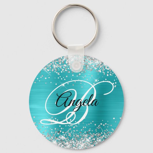 Zilveren Glitter Turquoise Blauwe Folie Fancy Mono Sleutelhanger (Voorkant)