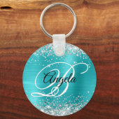 Zilveren Glitter Turquoise Blauwe Folie Fancy Mono Sleutelhanger (Voorkant)