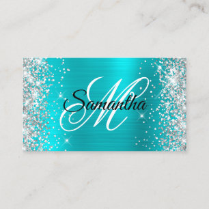 Zilveren Glitter Turquoise Blauwe Folie Fancy Mono Visitekaartje