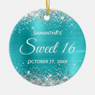 Zilveren Glitter Turquoise Blauwe Folie Sweet 16 Keramisch Ornament