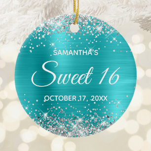 Zilveren Glitter Turquoise Blauwe Folie Sweet 16 Keramisch Ornament