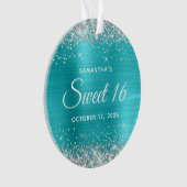 Zilveren Glitter Turquoise Blauwe Folie Sweet 16 Ornament (voorkant)