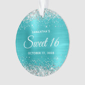 Zilveren Glitter Turquoise Blauwe Folie Sweet 16 Ornament (voorkant)