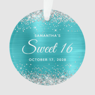 Zilveren Glitter Turquoise Blauwe Folie Sweet 16 Ornament