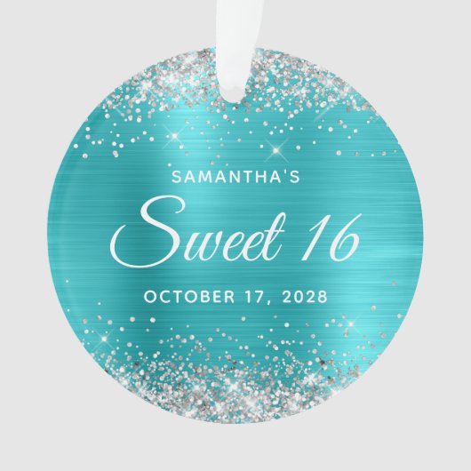 Zilveren Glitter Turquoise Blauwe Folie Sweet 16 Ornament (voorkant)