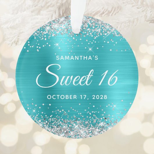 Zilveren Glitter Turquoise Blauwe Folie Sweet 16 Ornament