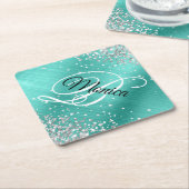 Zilveren Glitter Turquoise Fancy Monogram Diamant Kartonnen Onderzetters (Schuin)