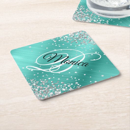 Zilveren Glitter Turquoise Fancy Monogram Diamant Kartonnen Onderzetters (Schuin)