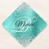 Zilveren Glitter Turquoise Fancy Monogram Diamant Kartonnen Onderzetters (Voorkant)