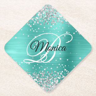 Zilveren Glitter Turquoise Fancy Monogram Diamant Kartonnen Onderzetters