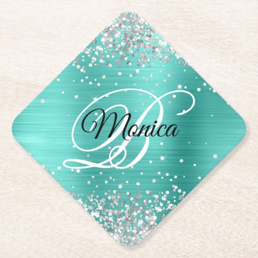 Zilveren Glitter Turquoise Fancy Monogram Diamant Kartonnen Onderzetters (Voorkant)