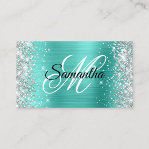 Zilveren Glitter Turquoise Folie Fancy Monogram Visitekaartje