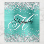 Zilveren Glitter Turquoise Folie Fancy Monogram Wijn Etiket (Enkel label)