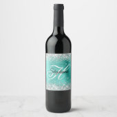 Zilveren Glitter Turquoise Folie Fancy Monogram Wijn Etiket (Voorkant)