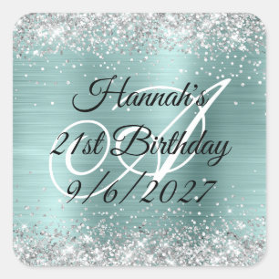Zilveren Glitter Turquoise Folie Monogram 21e Verj Vierkante Sticker