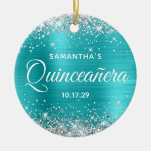 Zilveren Glitter Turquoise Folie Quinceañera Keramisch Ornament