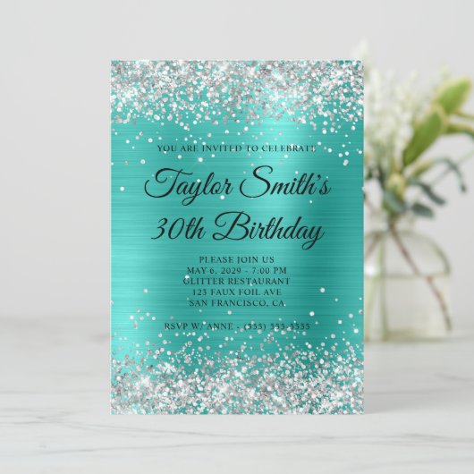 Zilveren Glitter Turquoise Monogram 30e verjaardag Kaart (Staand voorkant)