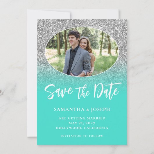 Zilveren Glitter Turquoise Ombre Ovaal Foto Save The Date (Voorkant)