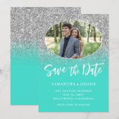 Zilveren Glitter Turquoise Ombre Ovaal Foto Save The Date (Voorkant / Achterkant)