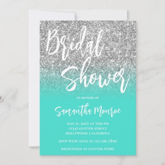 Zilveren Glitter Turquoise QR Code Bruidsdouche Kaart (Voorkant)