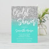Zilveren Glitter Turquoise QR Code Bruidsdouche Kaart (Staand voorkant)