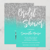 Zilveren Glitter Turquoise QR Code Bruidsdouche Kaart (Voorkant / Achterkant)