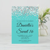 Zilveren Glitter Turquoise Sweet 16 Kaart (Staand voorkant)