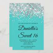Zilveren Glitter Turquoise Sweet 16 Kaart (Voorkant / Achterkant)