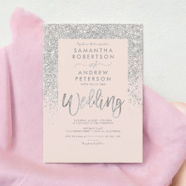 Zilveren glitter typografie blush roze bruiloft kaart
