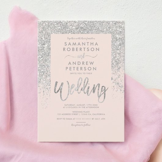 Zilveren glitter typografie blush roze bruiloft kaart