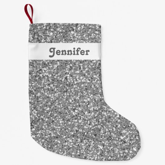 Zilveren Glitter Uitzicht Met Aangepaste Naam Kleine Kerstsok (Voorkant)