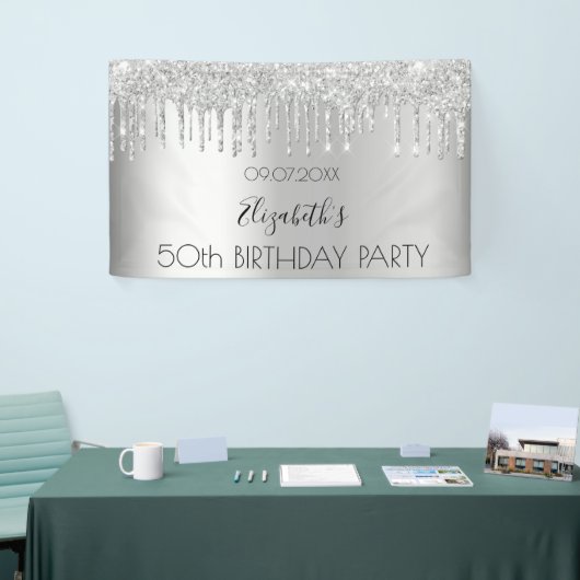 Zilveren glitter van de feestdag druipt glans spandoek (Beurs)