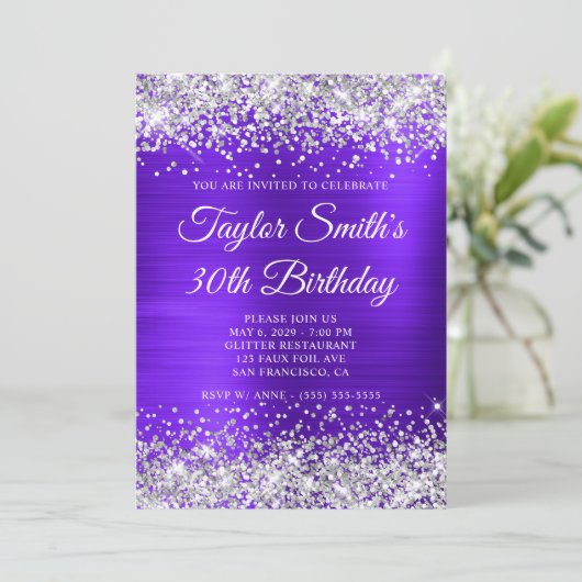 Zilveren Glitter Violet Monogram 30ste Verjaardag Kaart (Staand voorkant)