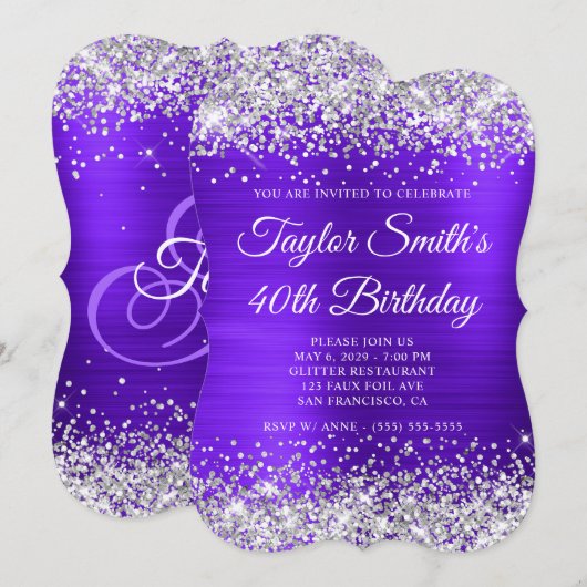 Zilveren Glitter Violet Monogram 40ste Verjaardag Kaart (Voorkant / Achterkant)
