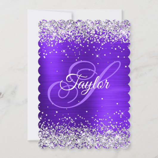 Zilveren Glitter Violet Monogram 50ste Verjaardag Kaart (Achterkant)