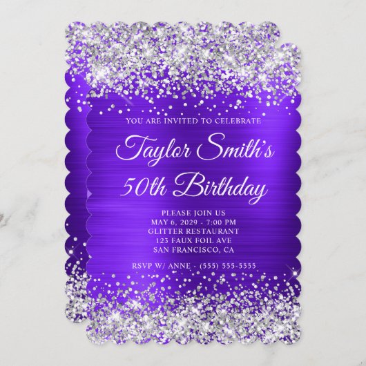 Zilveren Glitter Violet Monogram 50ste Verjaardag Kaart (Voorkant / Achterkant)