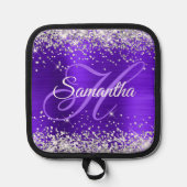 Zilveren Glitter Violet Paarse Fancy Monogrammed Pannenlap (Voorkant)