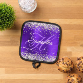 Zilveren Glitter Violet Paarse Fancy Monogrammed Pannenlap