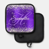 Zilveren Glitter Violet Paarse Fancy Monogrammed Pannenlap (Voorkant / Achterkant)