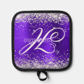 Zilveren Glitter Violet Paarse Folie Fancy Monogra Pannenlap (Voorkant)