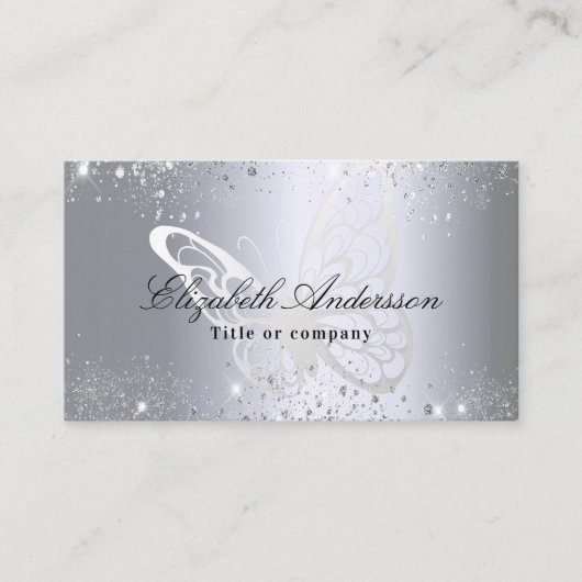 Zilveren glitter vlinder qr code foto visitekaartje (Voorkant)